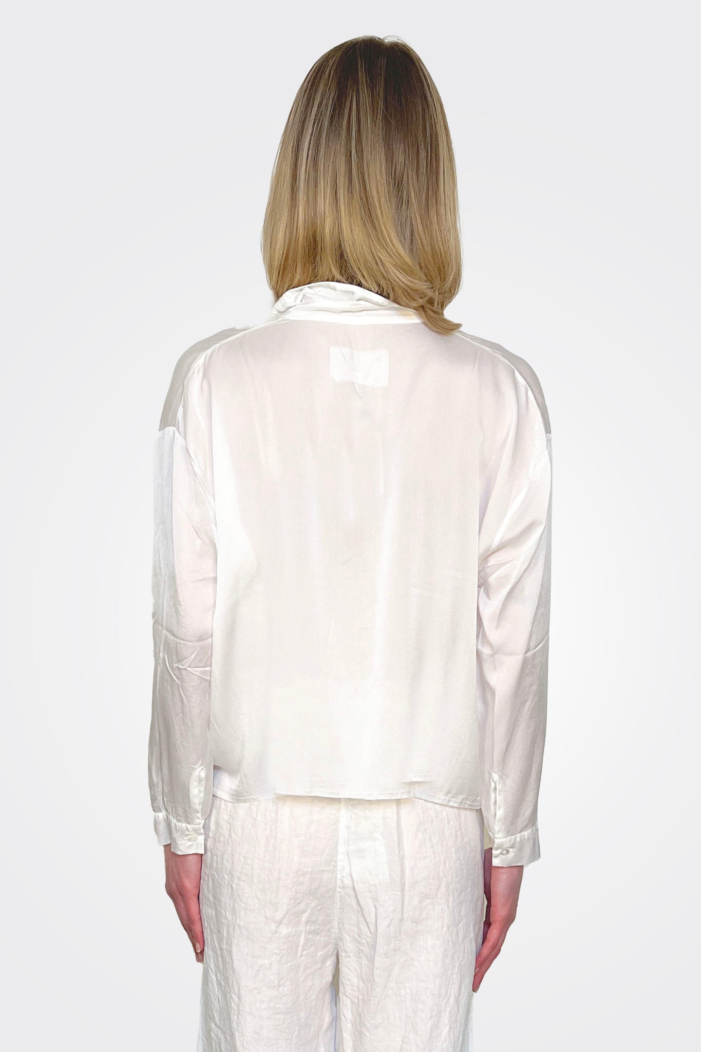 Cropped 3/4 Button Down Silk Blouse - White by Private 0204 — alternate view