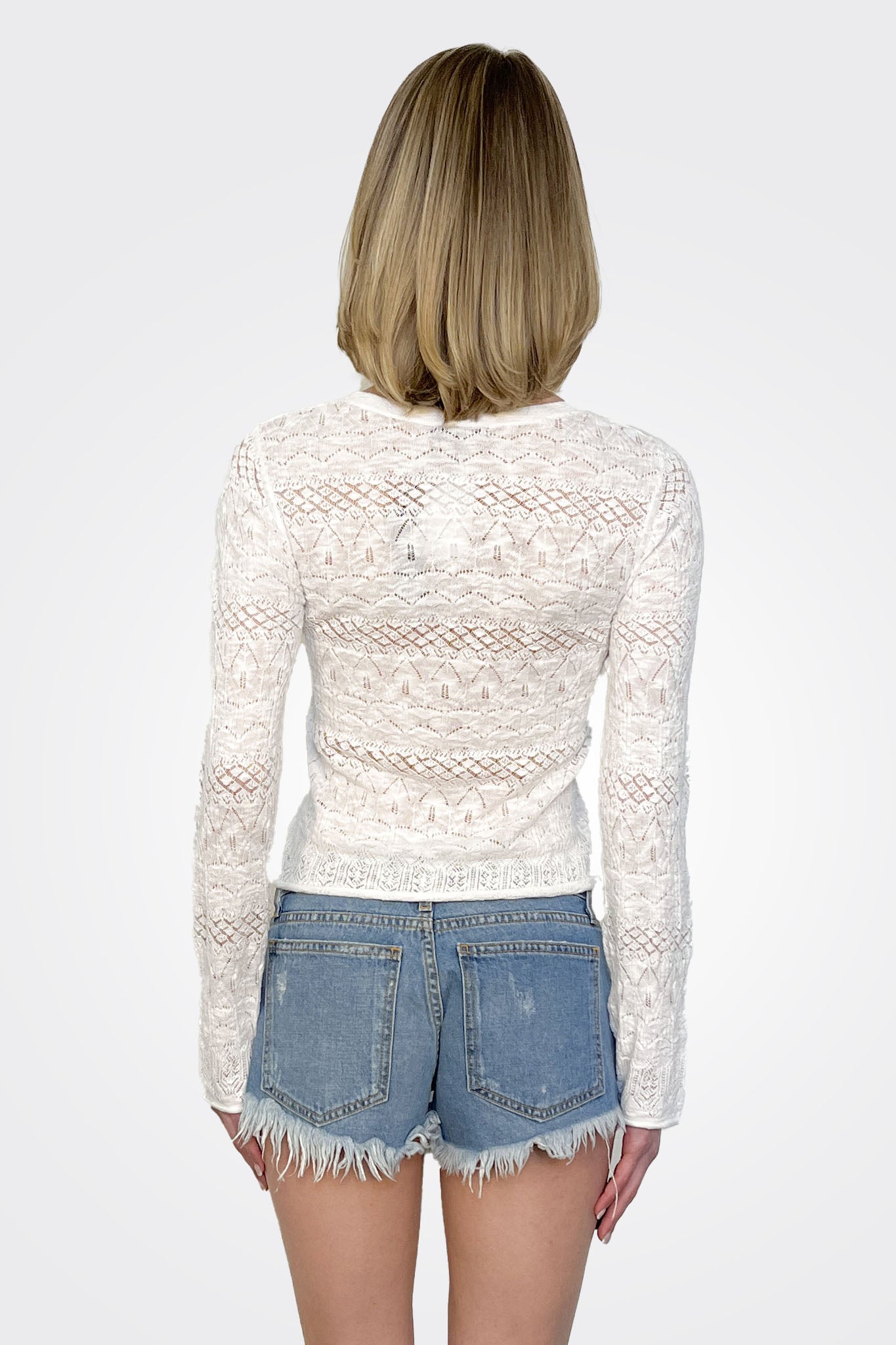 Pointelle Long Sleeve Top - White by Bobi — alternate view