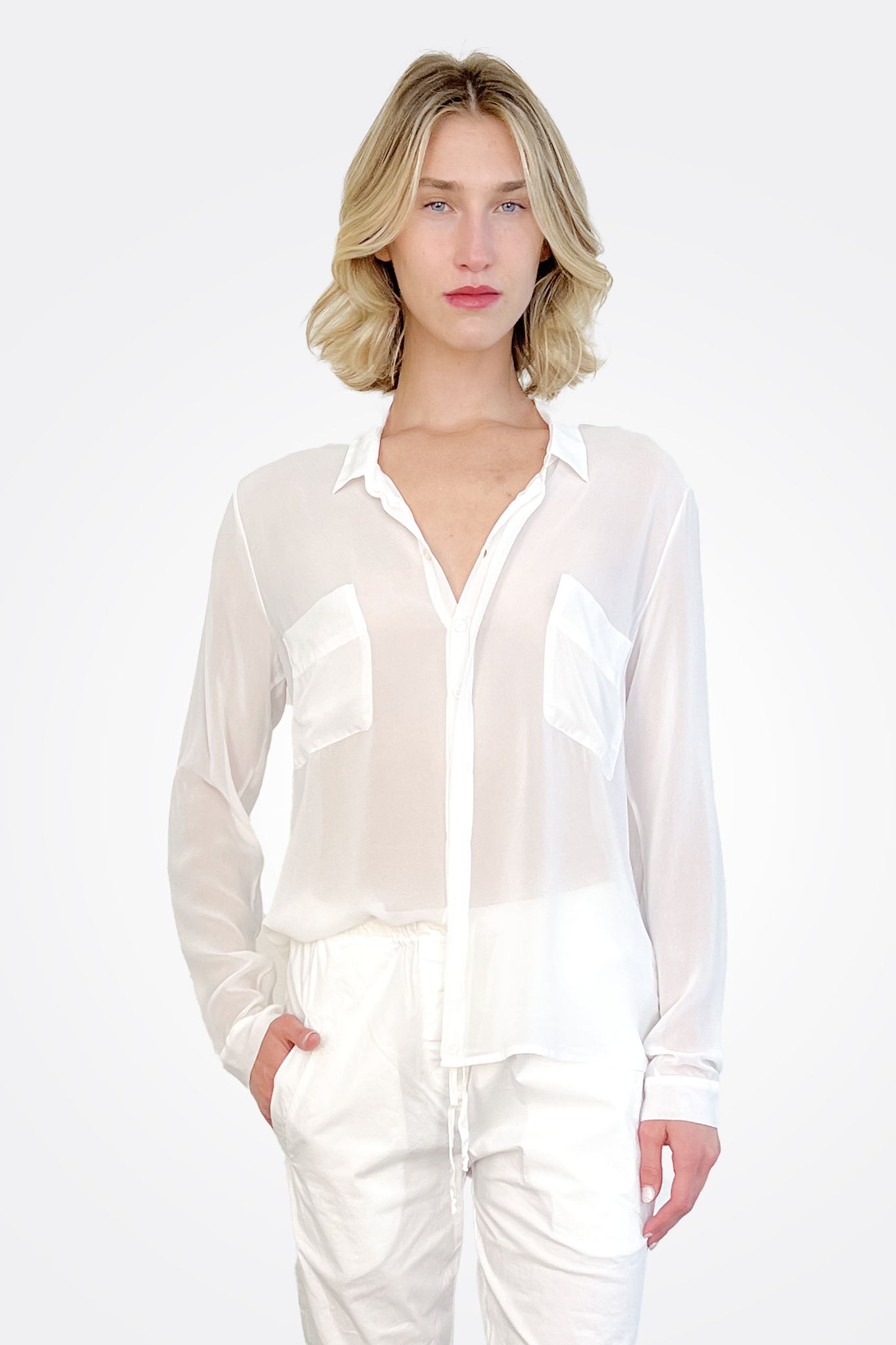 Pocket Silk Button Down - White by Private 0204 — alternate view