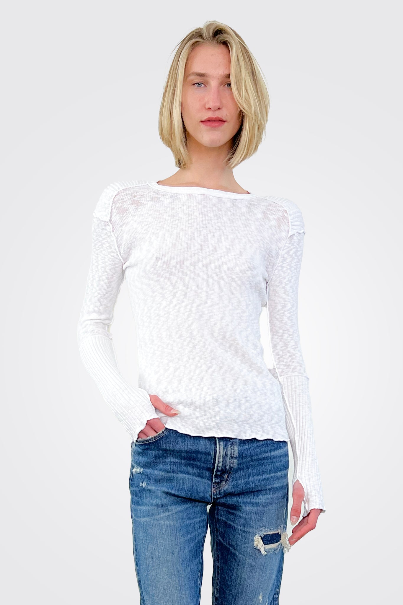 Long Sleeve Crew Neck Top - White by Pete — alternate view