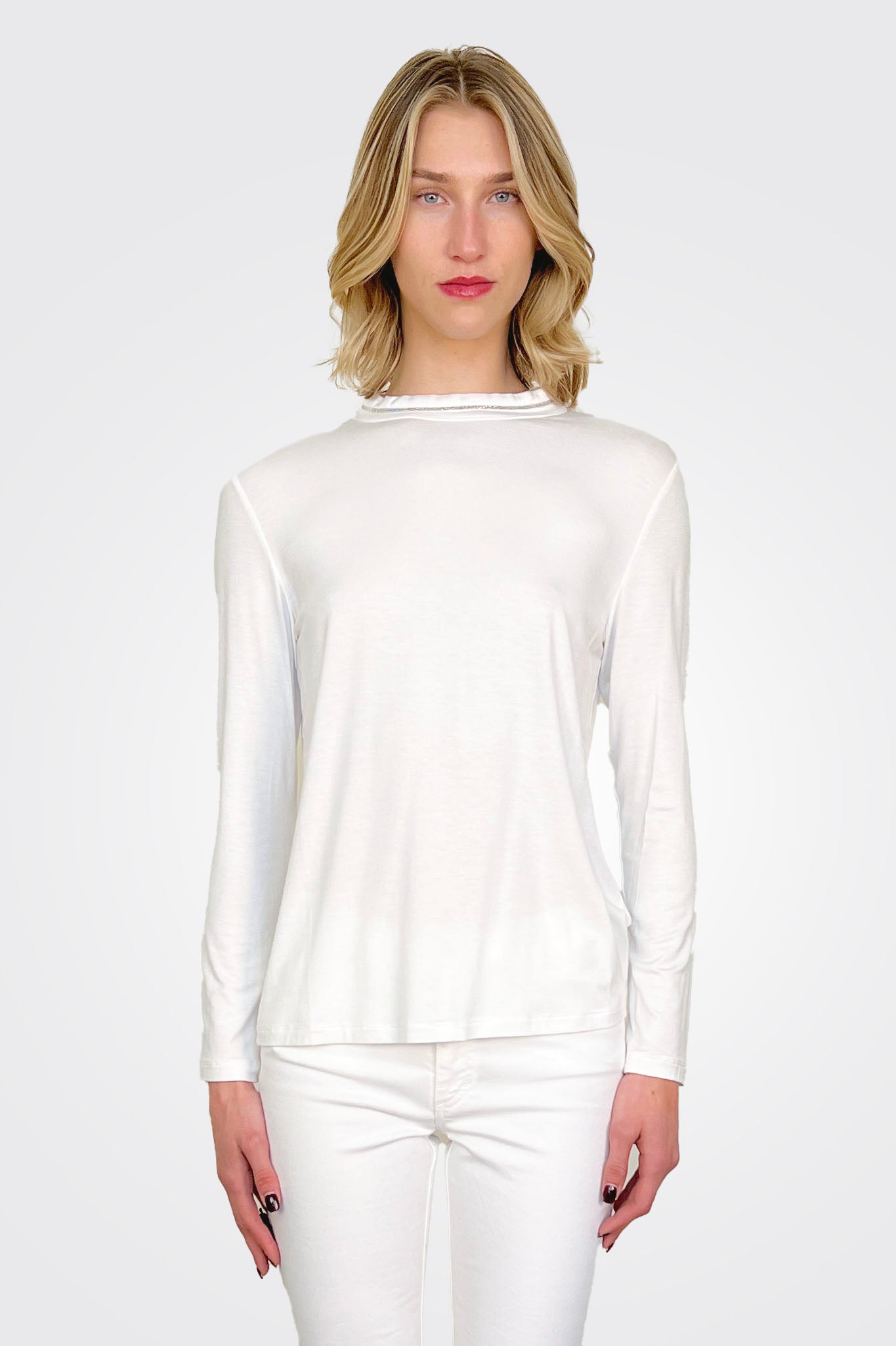 Embroided Collar Mockneck Shirt - White by Hubert Gasser | 25 South Boutiques