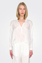 Cropped 3/4 Button Down Silk Blouse - White by Private 0204 | 25 South Boutiques