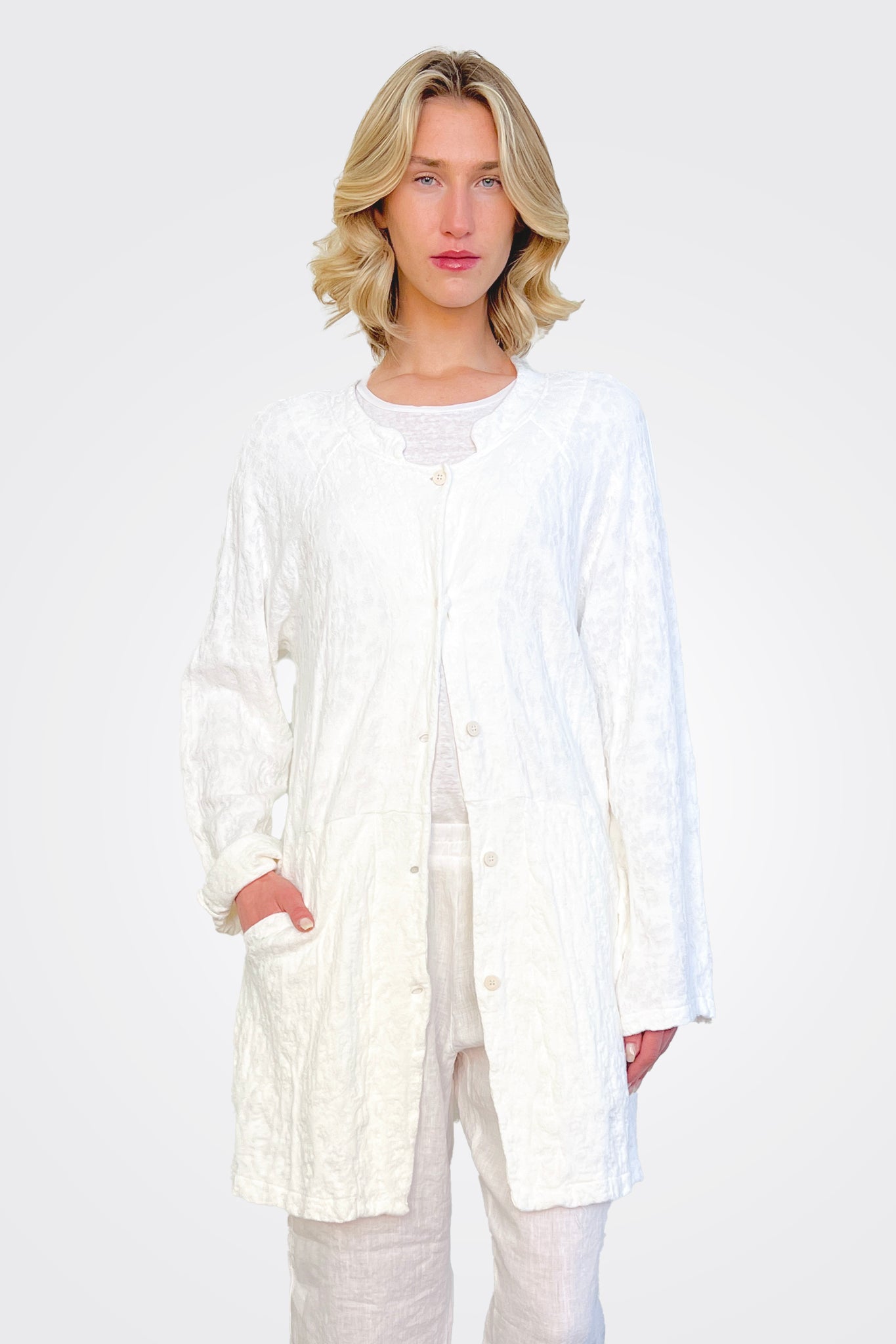 Floral Cotton Linen Jacquard Knitted Mid Jacket - White by Transit Par-Such | 25 South Boutiques