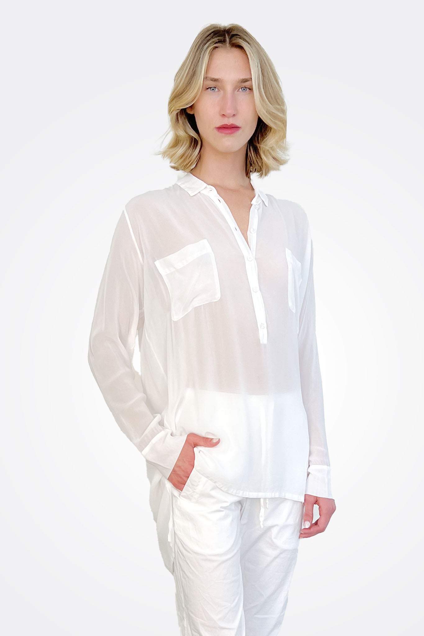 Pocket Oversized Silk Button Down - White by Private 0204 — alternate view