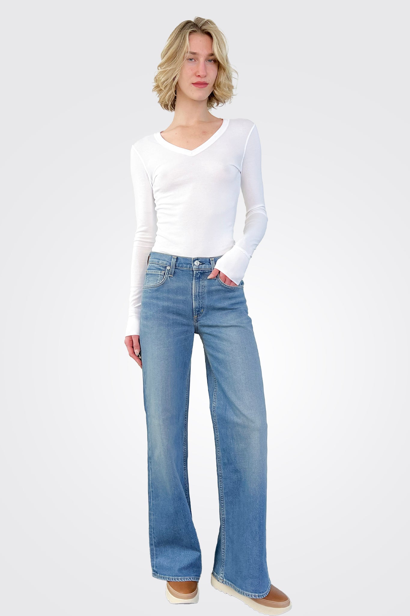 Flagship Long Sleeve V Neck - White by Crown Jewel — view 3