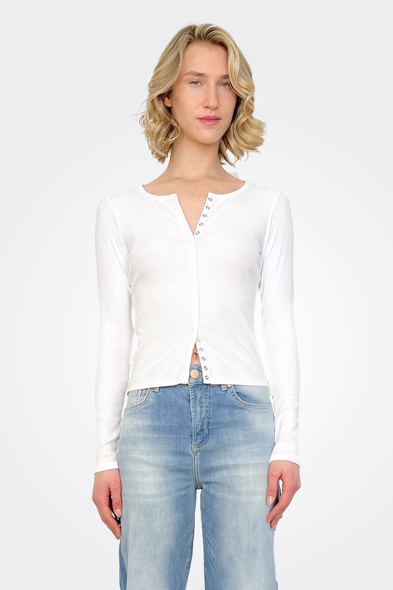 Rib Long Sleeve Snap Front Cardigan - White by Stateside — alternate view