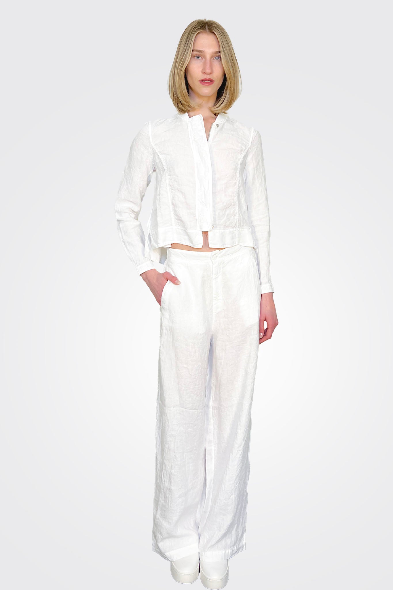 Linen Knitted Collar Zipped Jacket - White by Transit Par-Such — view 4