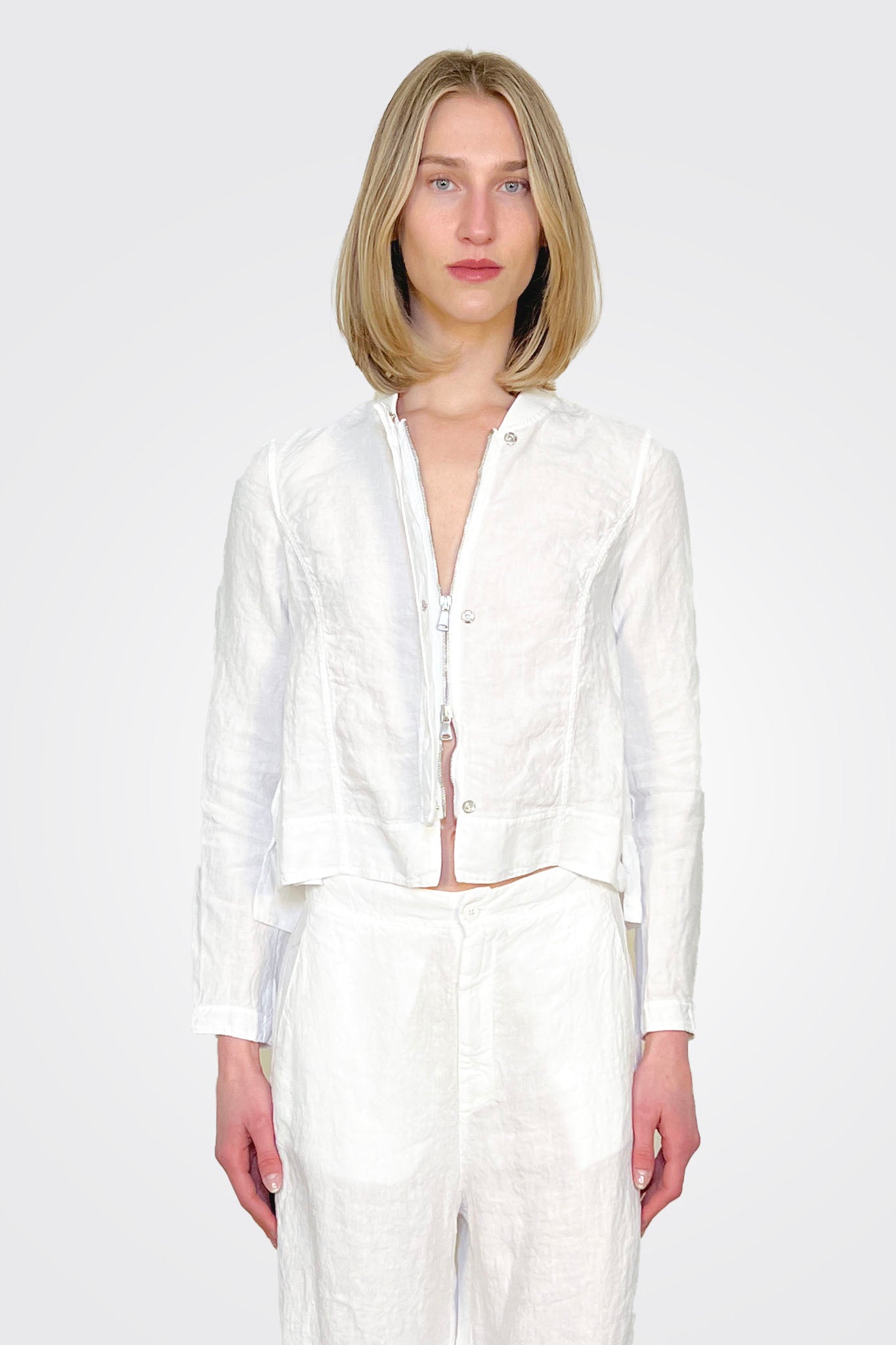 Linen Knitted Collar Zipped Jacket - White by Transit Par-Such — view 3