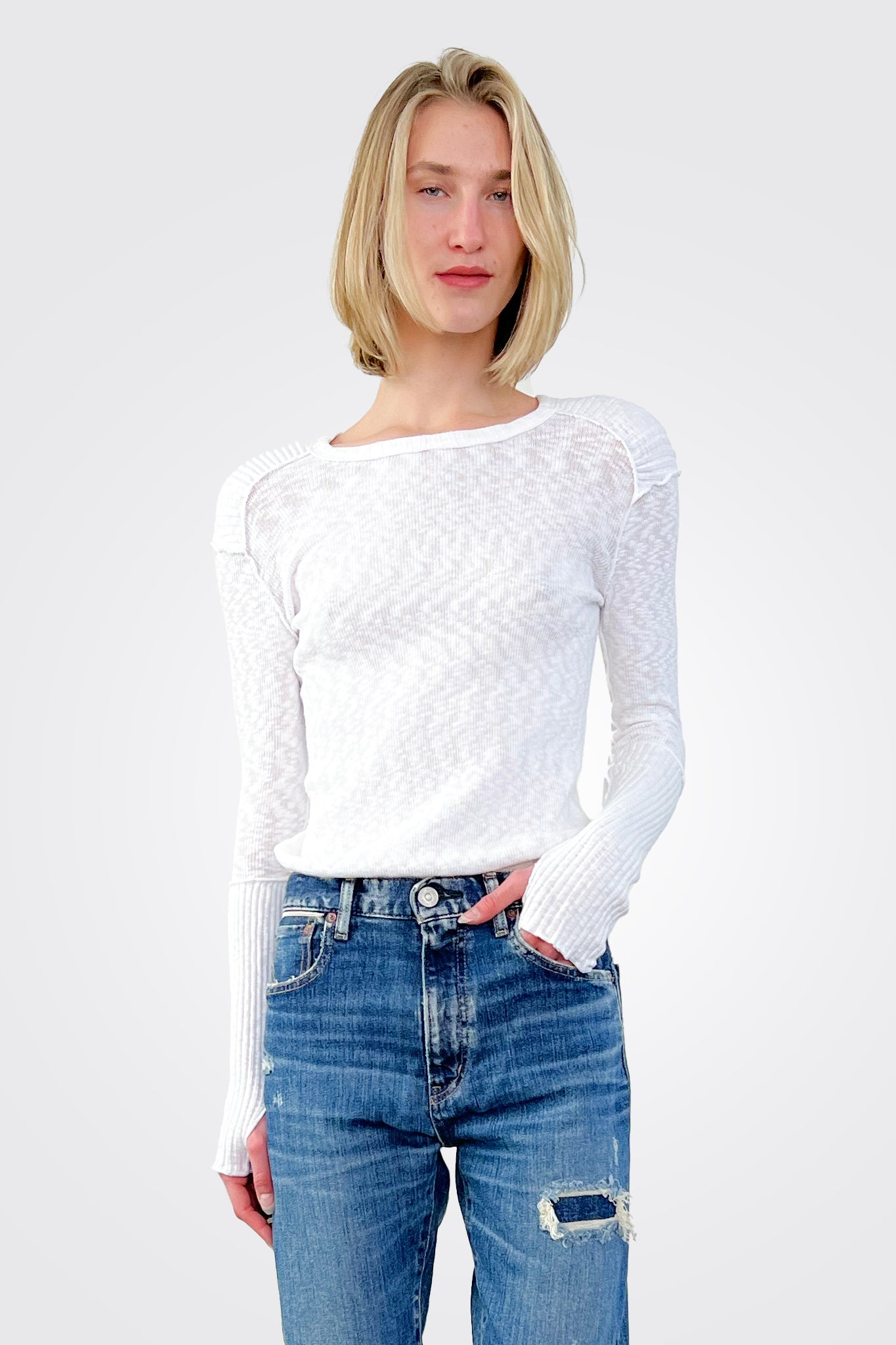 Long Sleeve Crew Neck Top - White by Pete | 25 South Boutiques