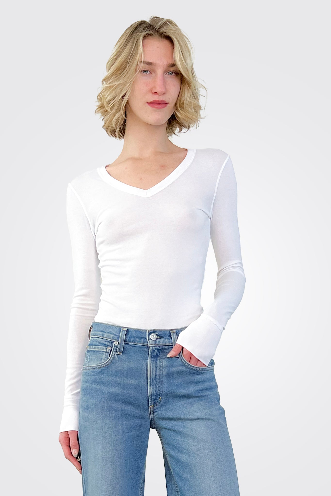 Flagship Long Sleeve V Neck - White by Crown Jewel | 25 South Boutiques