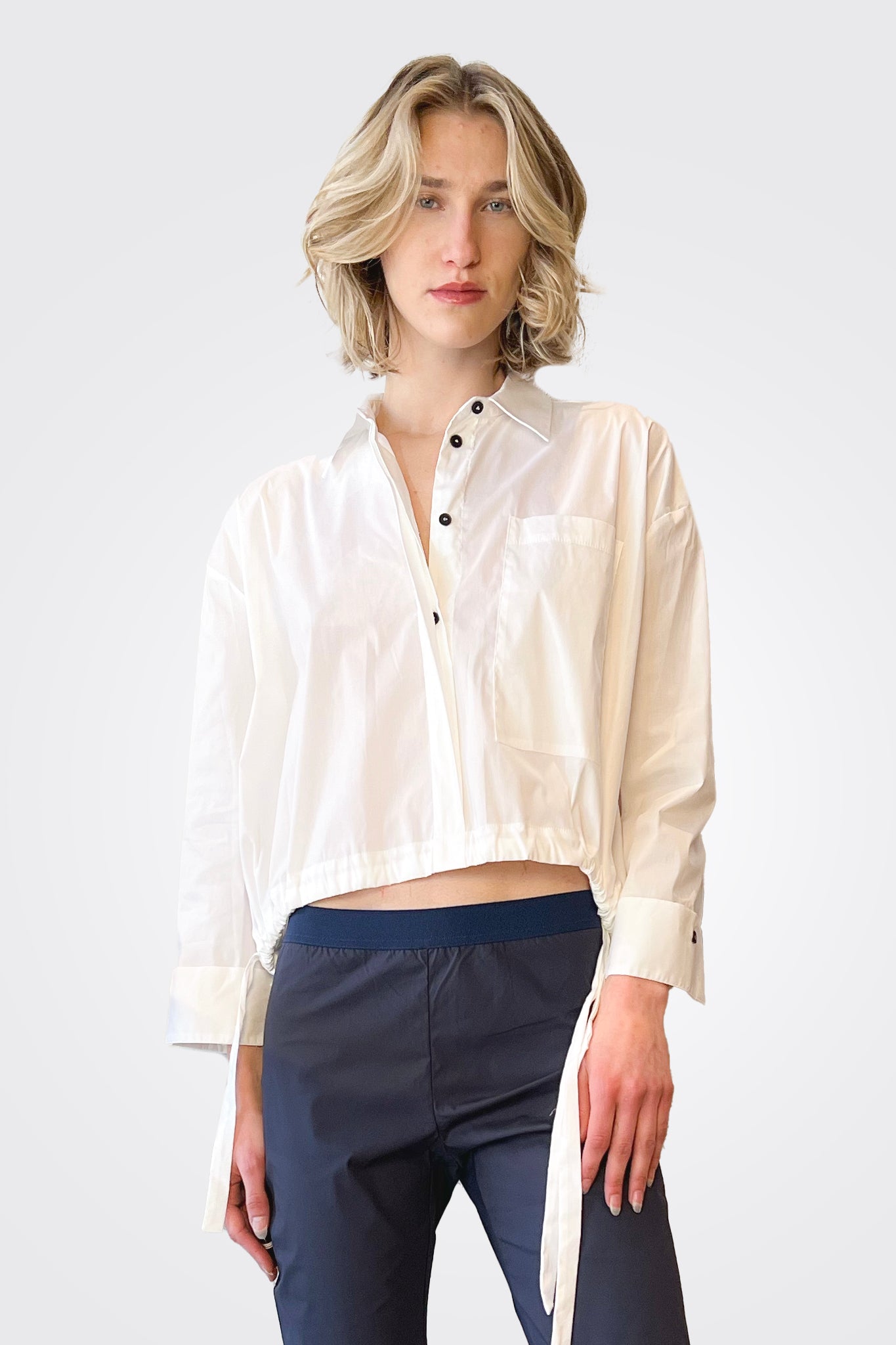 Long Sleeve Synched Waist Shirt - White by Liviana Conti | 25 South Boutiques