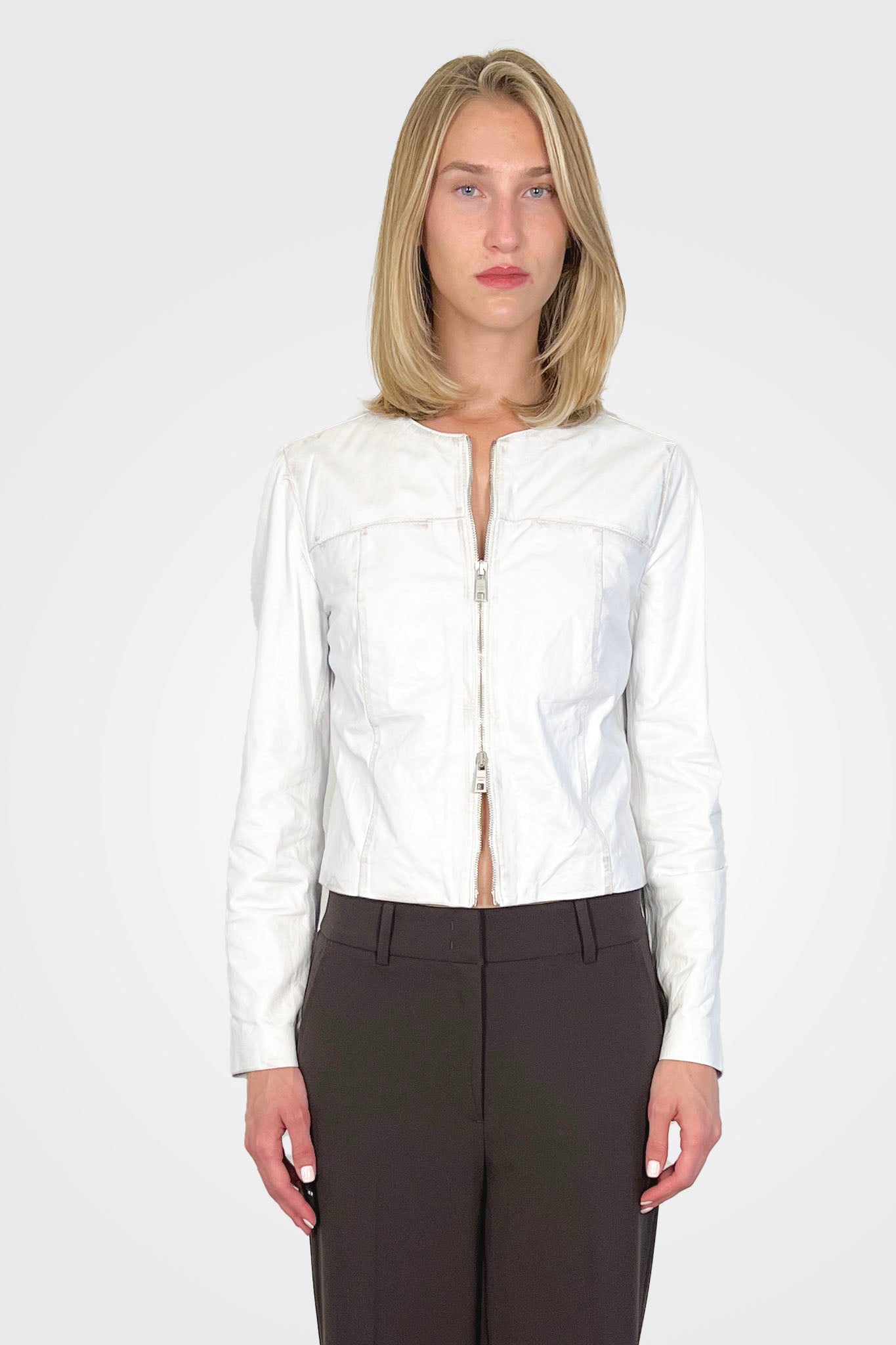 Collarless Crop Moto Jacket - White Sand by Giorgio Brato — alternate view