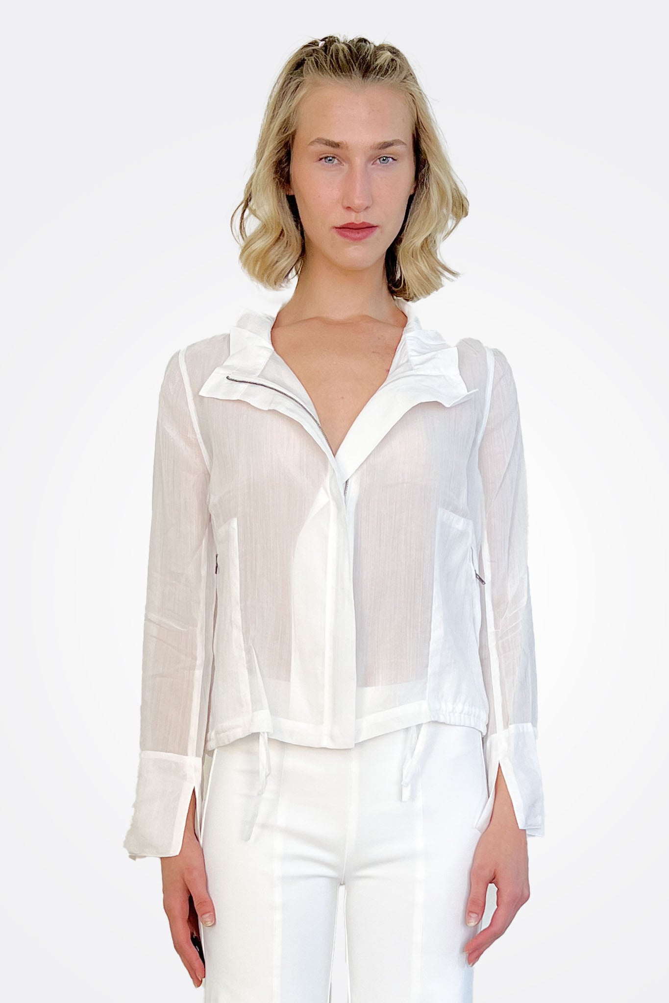 Yabella Sheer Mockneck Zip Jacket - White by Elaine Kim | 25 South Boutiques
