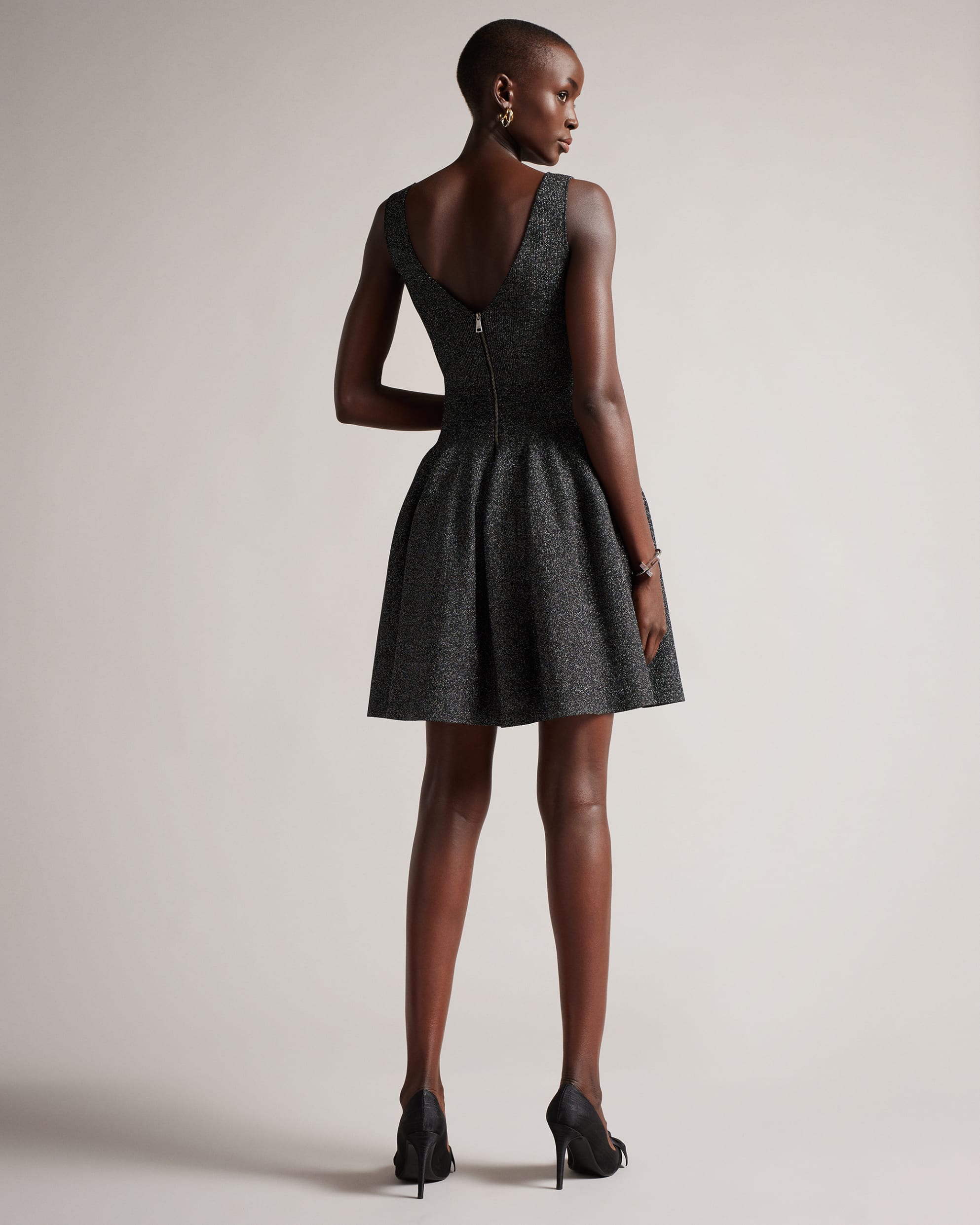 Glitzia Metallic Skater Dress - Black by Ted Baker — view 3
