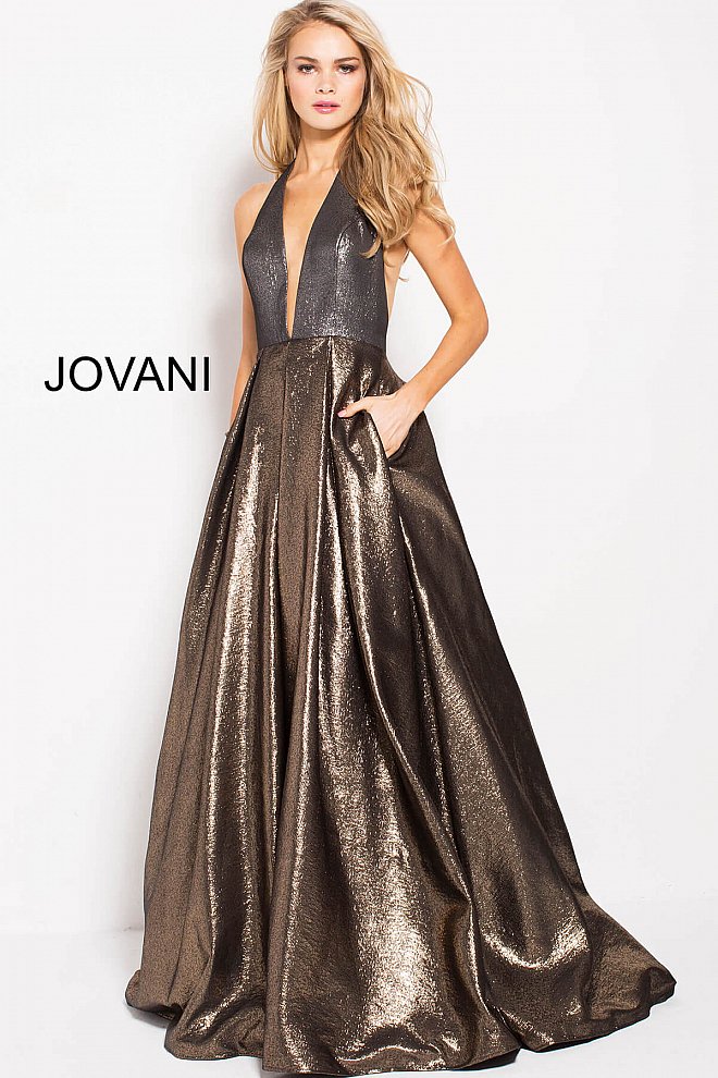 Halter Neck A-Line Gown - Gold/Silver by Jovani | 25 South Boutiques