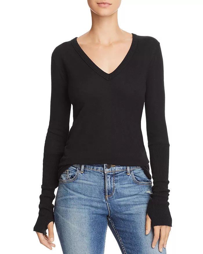 Cashmere Fitted Cuffed V Neck Sweater - Black by Enza Costa | 25 South Boutiques