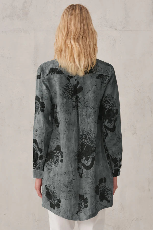 Printed Linen Mandarin Collar Shirt - Blue by Transit Par-Such — alternate view