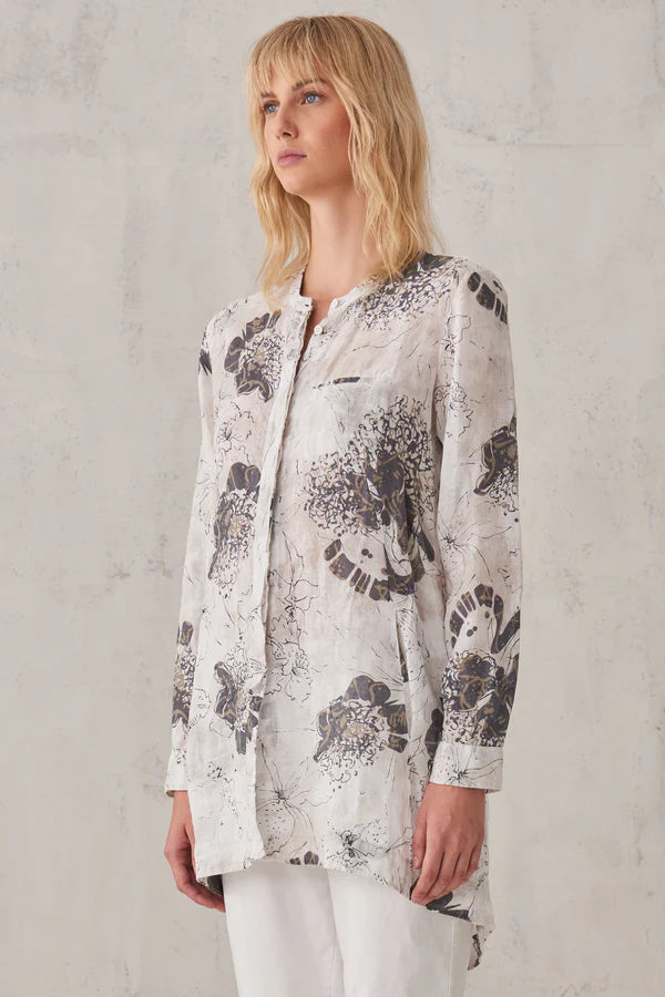 Printed Linen Mandarin Collar Shirt - White by Transit Par-Such — view 4