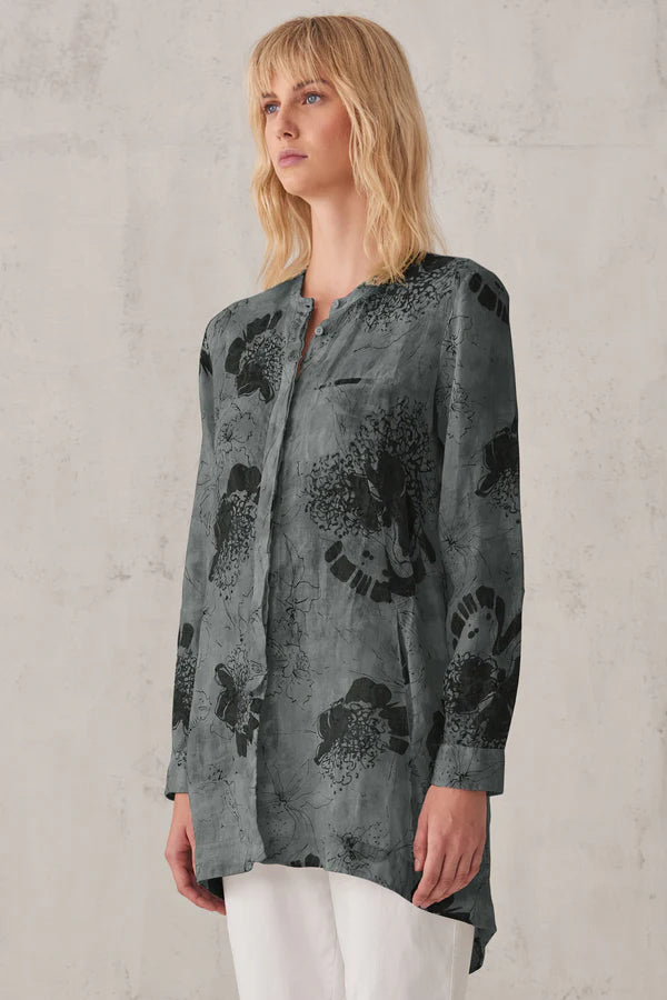 Printed Linen Mandarin Collar Shirt - Blue by Transit Par-Such — view 3