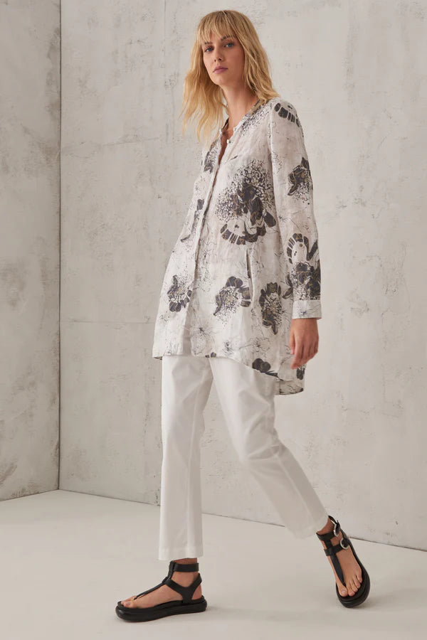 Printed Linen Mandarin Collar Shirt - White by Transit Par-Such — alternate view