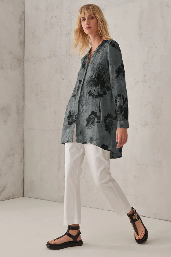Printed Linen Mandarin Collar Shirt - Blue by Transit Par-Such — view 4
