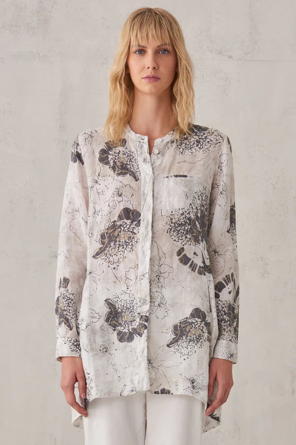 Printed Linen Mandarin Collar Shirt - White by Transit Par-Such | 25 South Boutiques