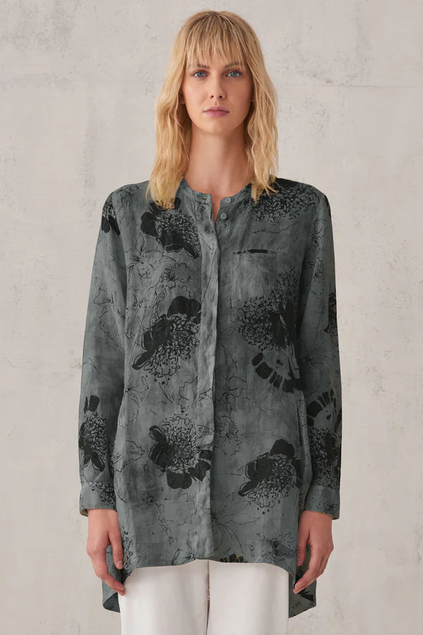 Printed Linen Mandarin Collar Shirt - Blue by Transit Par-Such | 25 South Boutiques