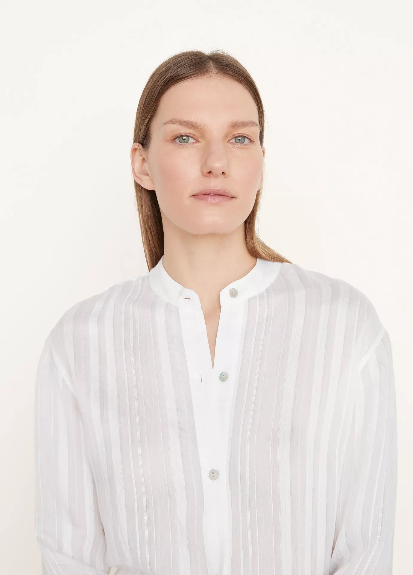 Drapey Stripe Band Collar Shirt - Optic White by Vince — alternate view