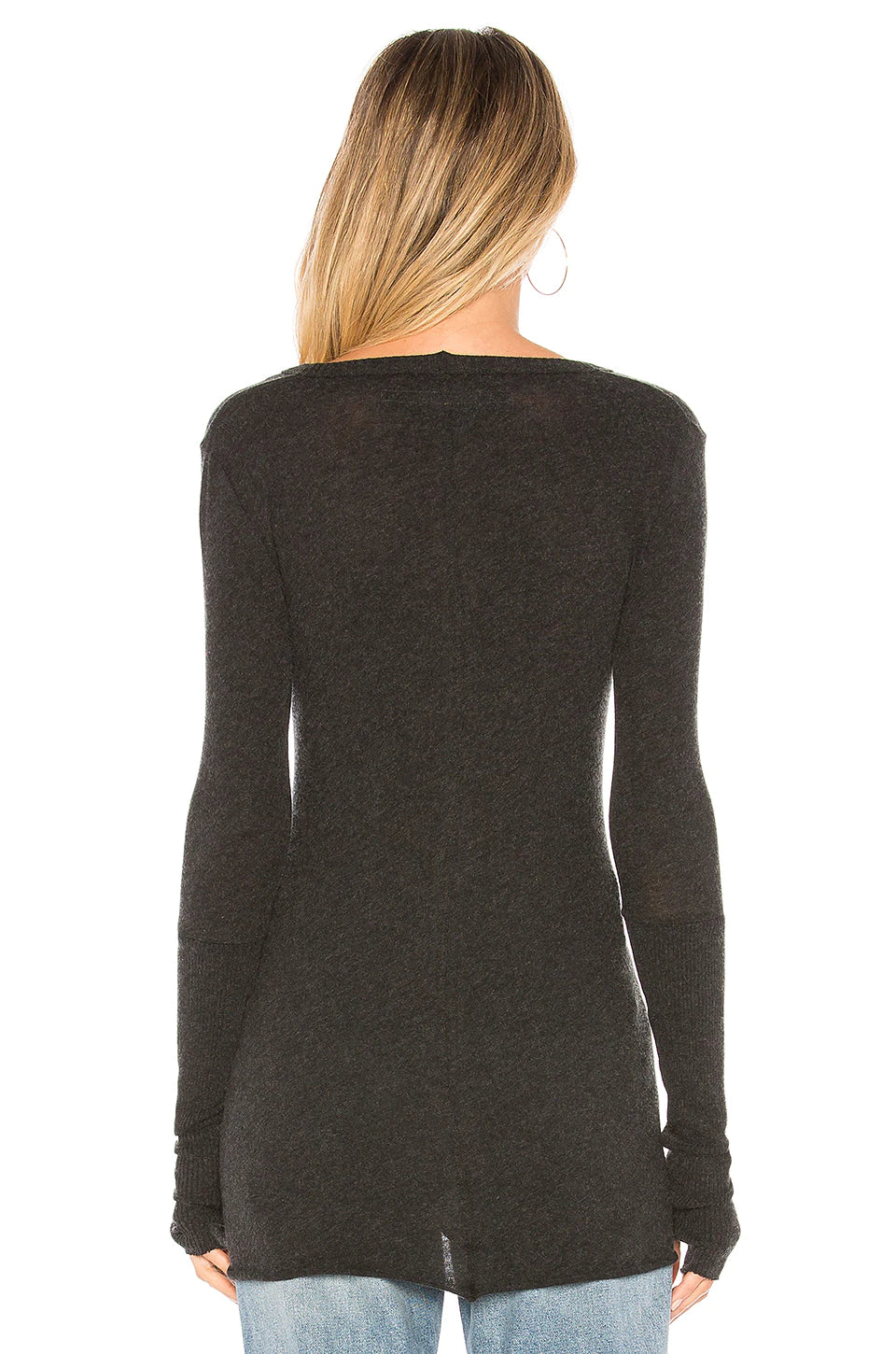 Cashmere Fitted Cuffed V Neck Sweater - Charcoal by Enza Costa — alternate view