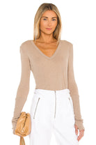 Cashmere Fitted Cuffed V Neck Sweater - Khaki by Enza Costa | 25 South Boutiques