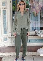 Stretch Satin Silk Shirt - Green by Transit Par-Such — view 6