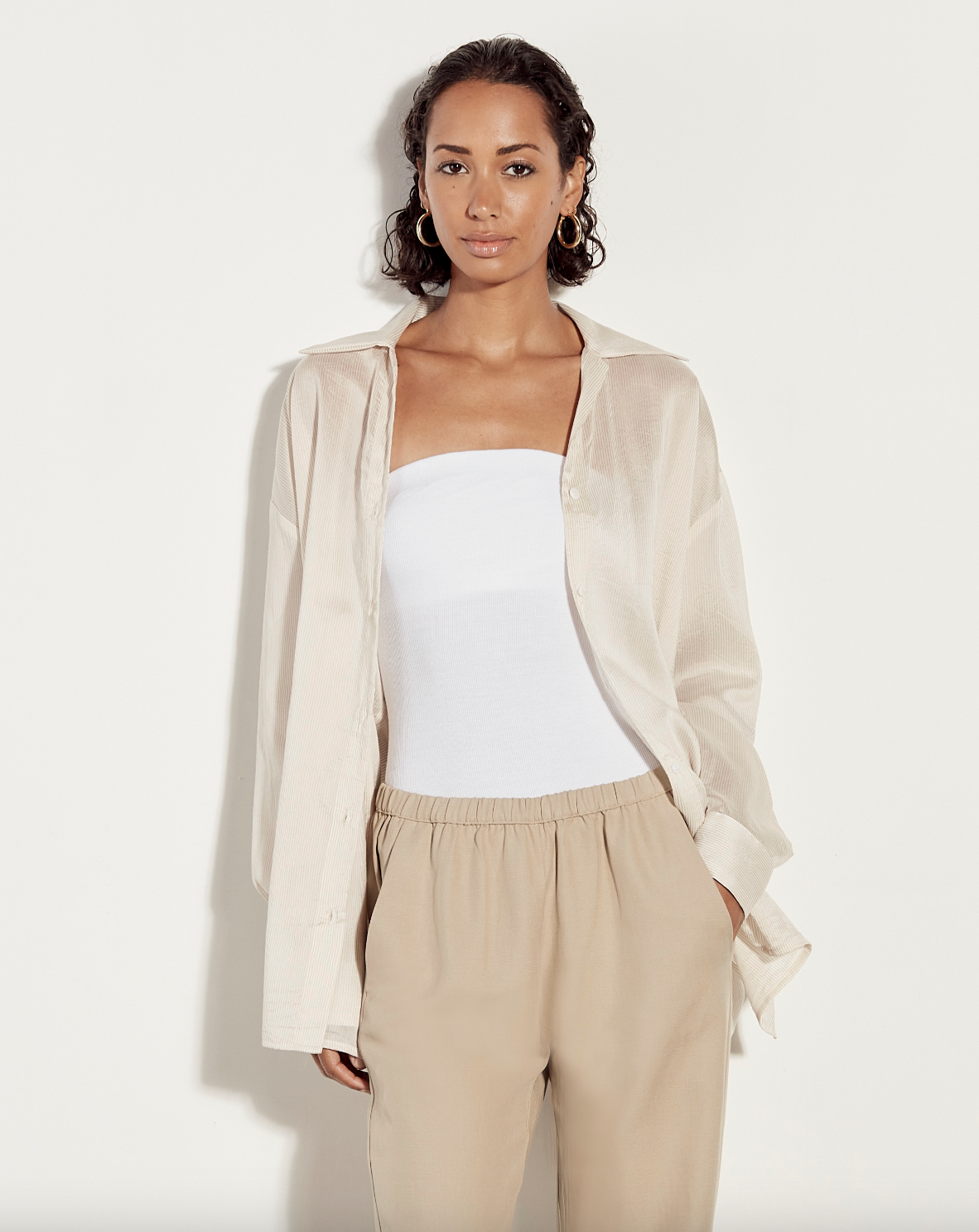 Striped Silk Shirt - Khaki Stripe by Enza Costa | 25 South Boutiques