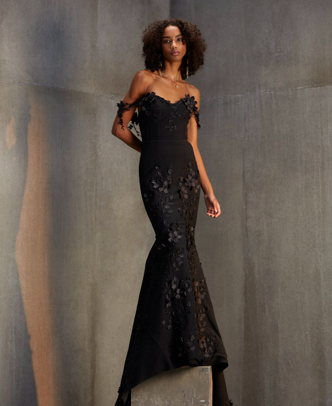 Floral Appliqué Fitted Gown - Black by Savin London | 25 South Boutiques