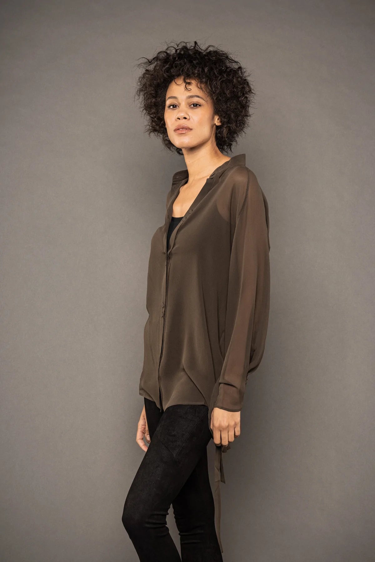 Sheer Silk Blouse - Military by Isabel Benenato — view 4