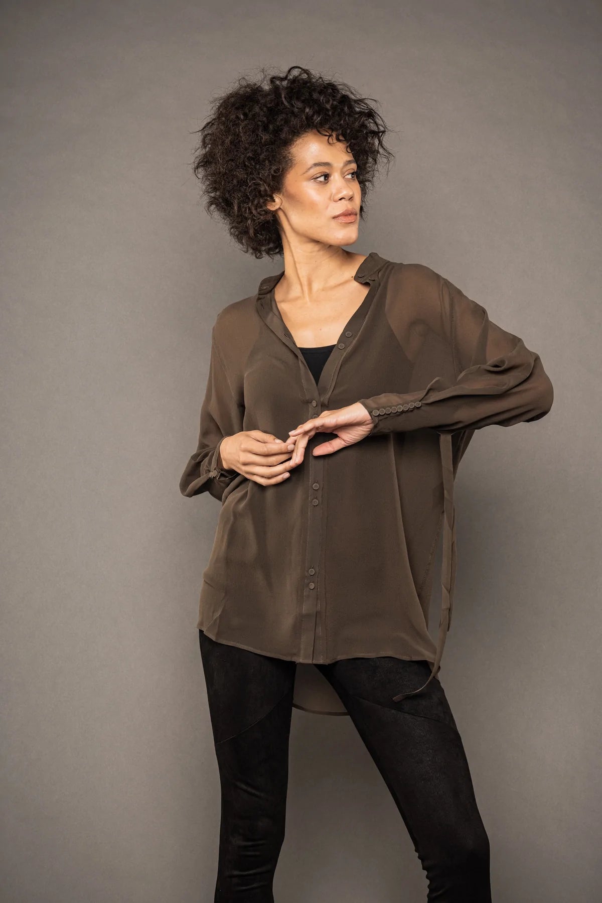 Sheer Silk Blouse - Military by Isabel Benenato — view 3