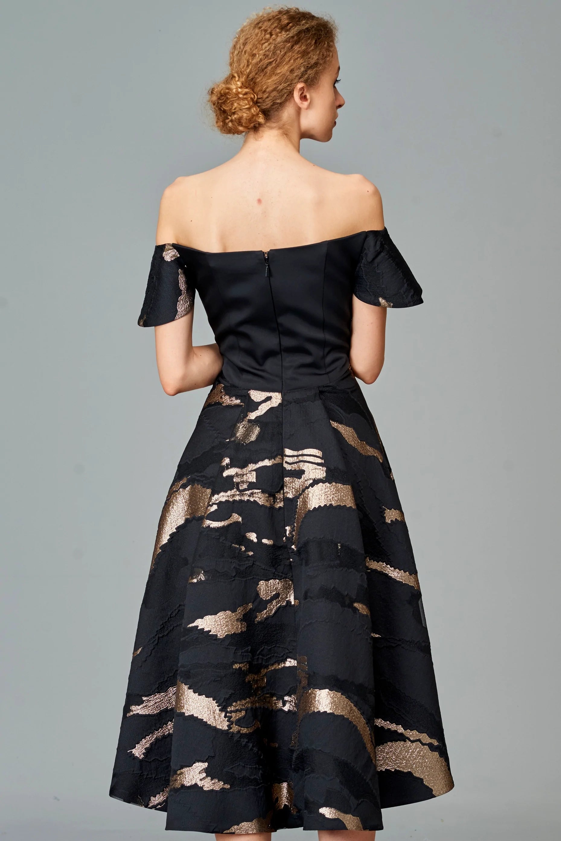 Off Shoulder Faille Jacquard Short Dress - Black / Gold by John Paul Ataker — view 4