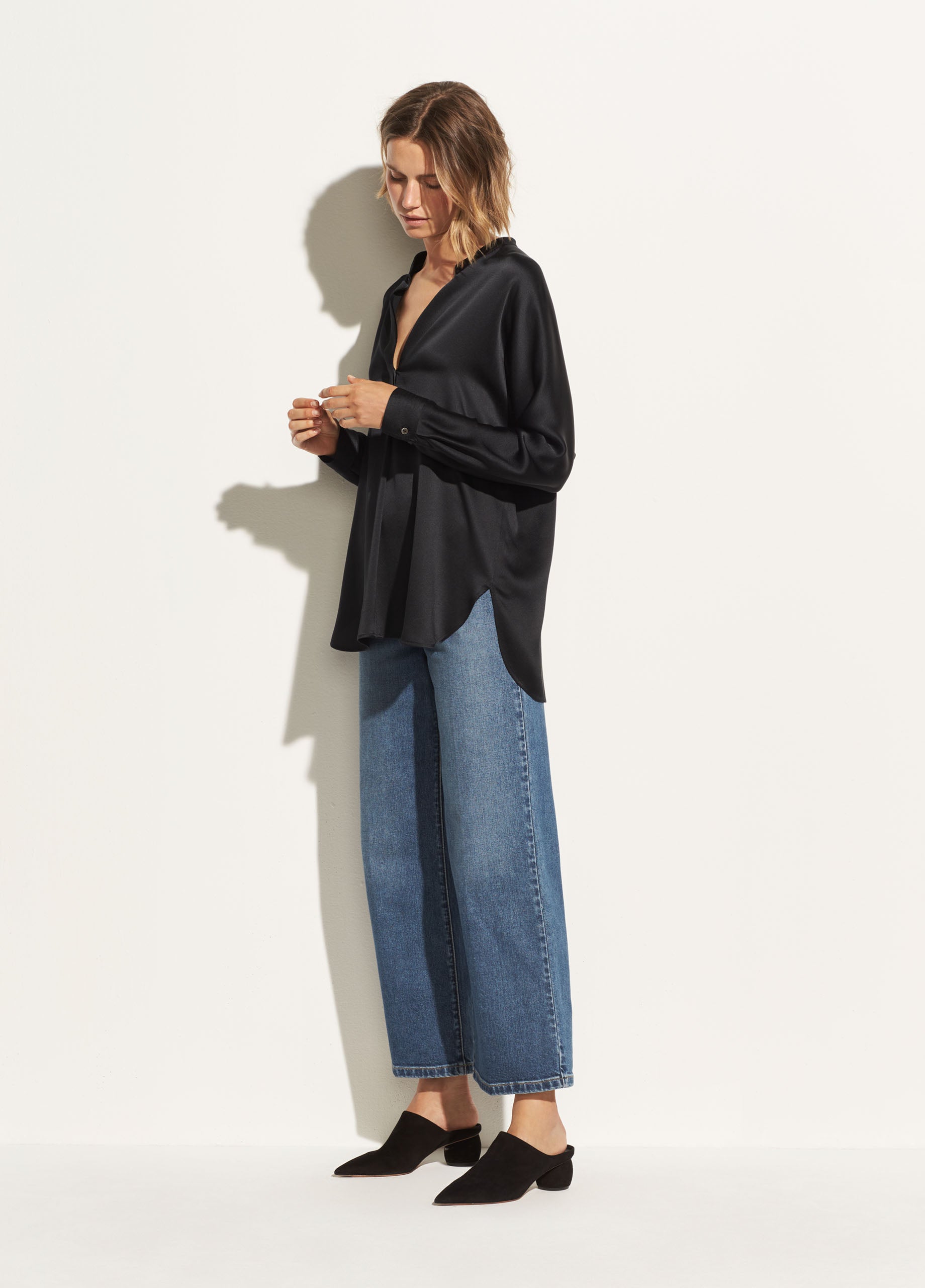 Band Collar Silk Blouse - Black by Vince — view 3