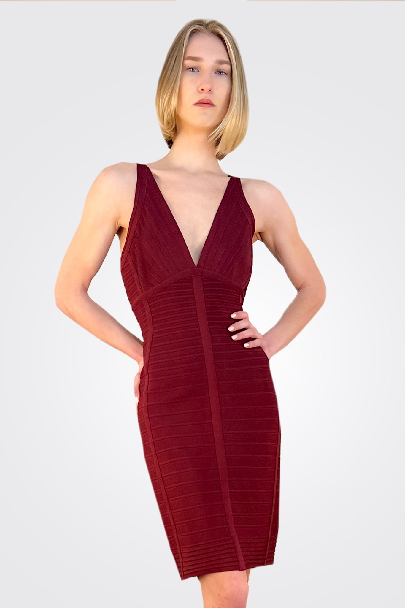 Deep V Mini Dress - Beet by Herve Leger — alternate view