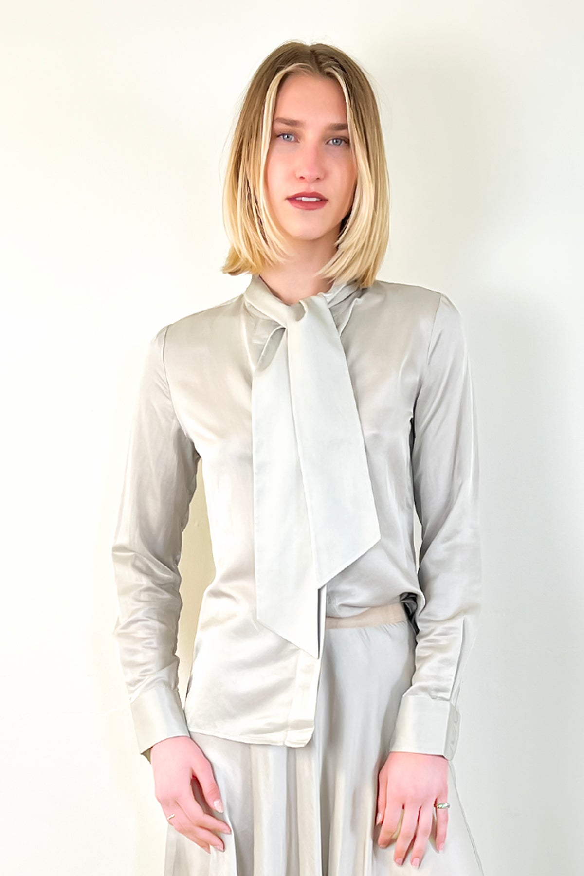 Bow Tie Blouse - Silver by Brazeau Tricot | 25 South Boutiques