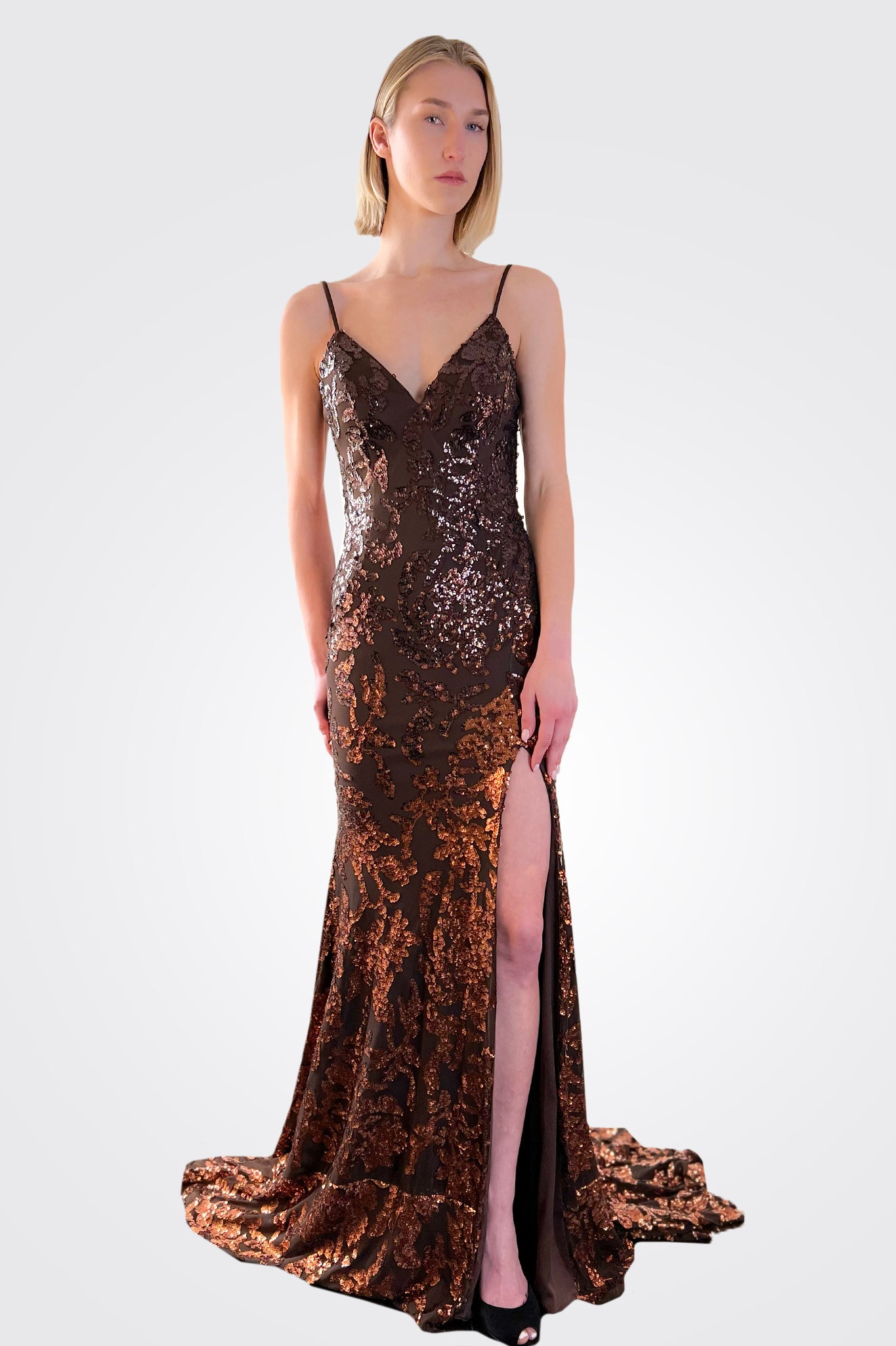 Embellished Backless Dress - Brown Copper by Jovani | 25 South Boutiques