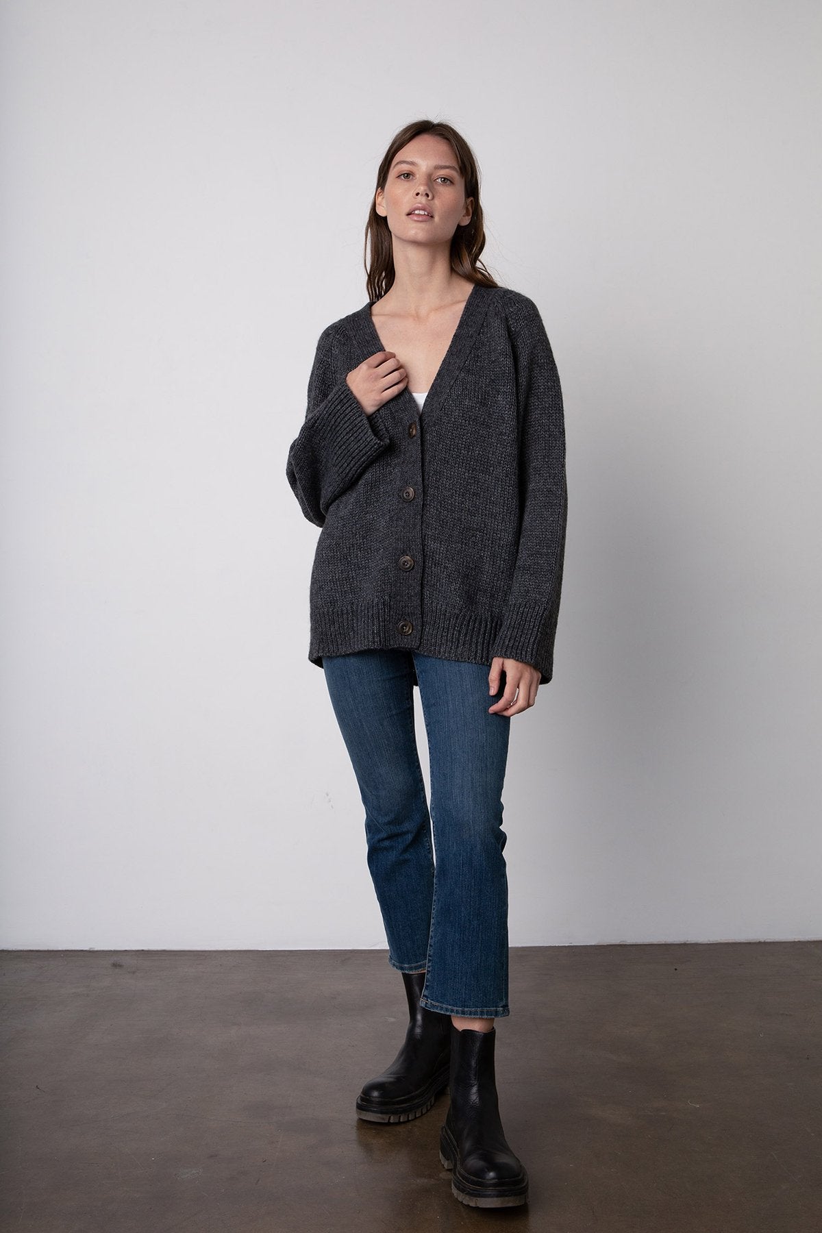 Kim Button Front Cardigan - Charcoal by Velvet — alternate view