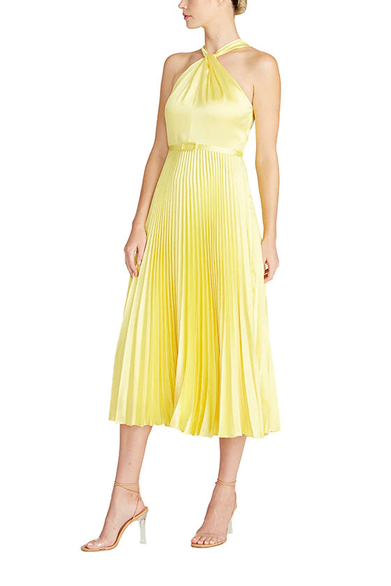 Crossover Neckline Satin Midi Dress - Lemon by ML Monique Lhuillier — view 3