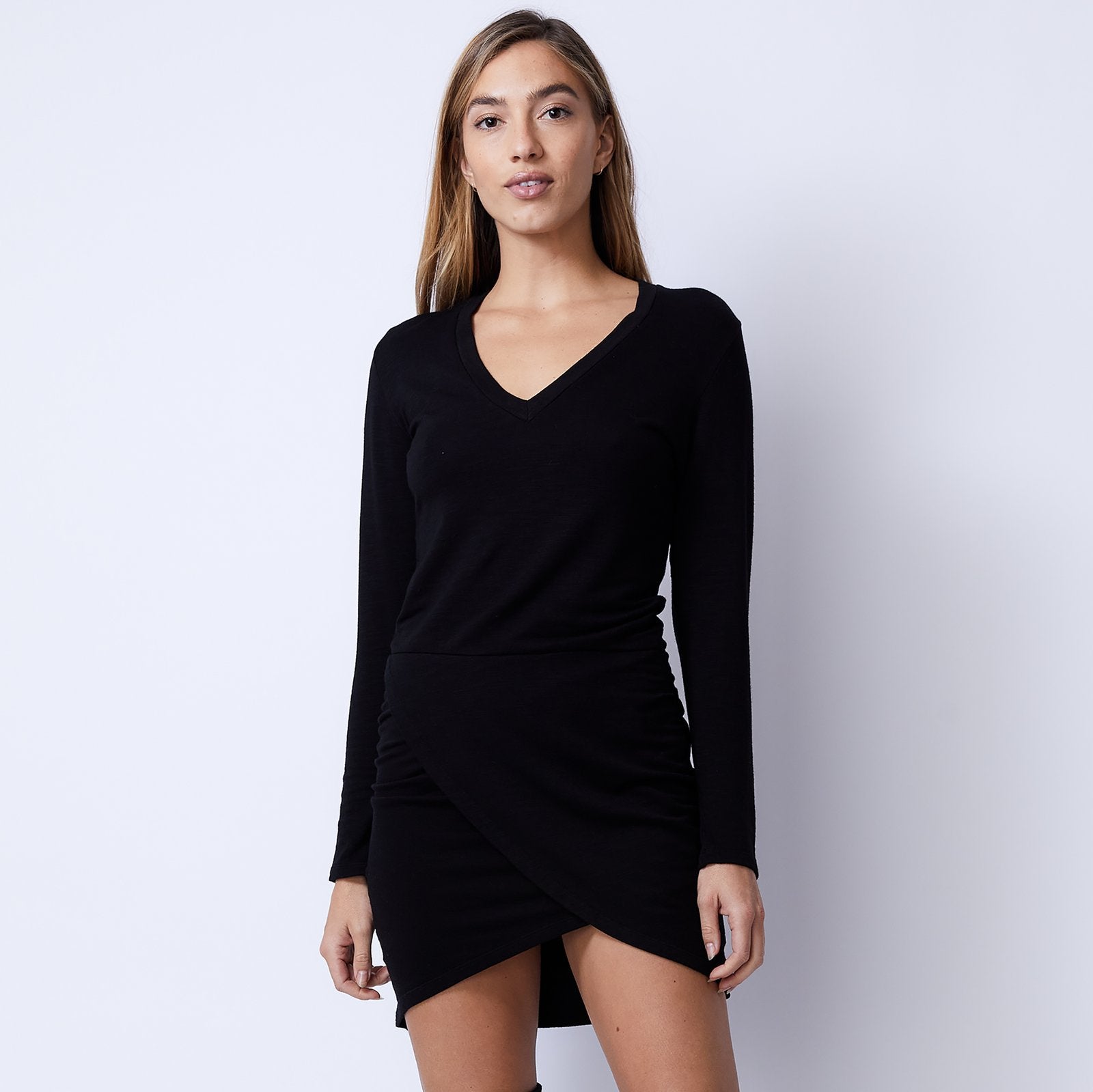 Supersoft Long Sleeve Overlap Shirred Dress - Black by Monrow | 25 South Boutiques