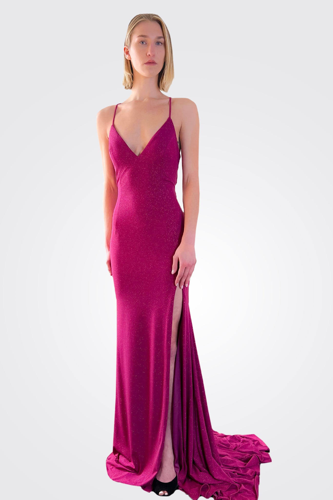 Tie Back Glitter Gown - Fuchsia by Jovani | 25 South Boutiques