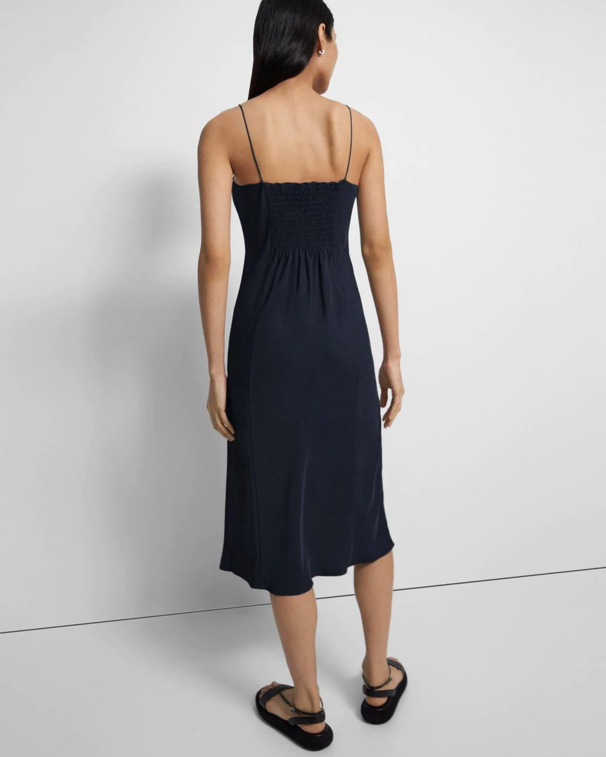 Washed Twill Smocked Slip Dress - Navy by Theory — view 4