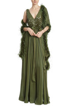Gown w/ Feather Wrap - Moss by Badgley Mischka | 25 South Boutiques