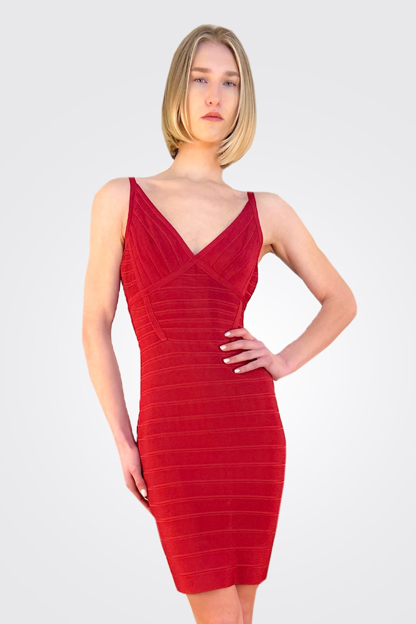 V Neck Bandage Mini Dress - Red by Herve Leger — alternate view