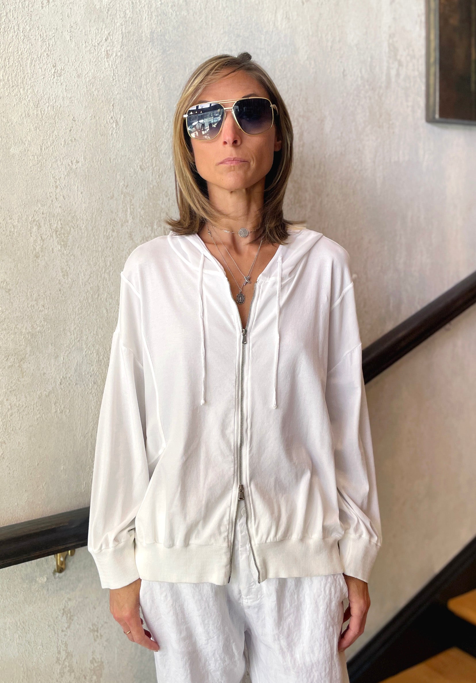 Regular Fit Stretch Cotton Jersey Jacket w/ Hood - White by Transit Par-Such — alternate view