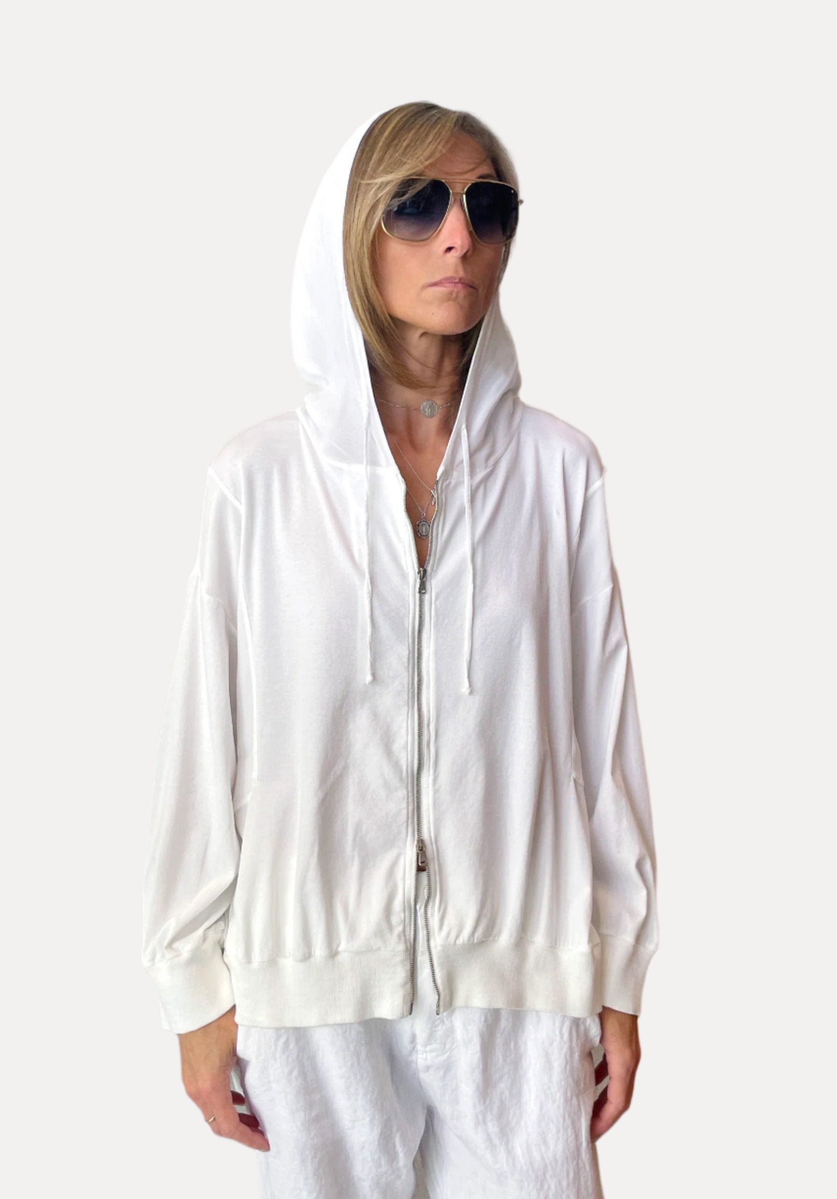 Regular Fit Stretch Cotton Jersey Jacket w/ Hood - White by Transit Par-Such | 25 South Boutiques
