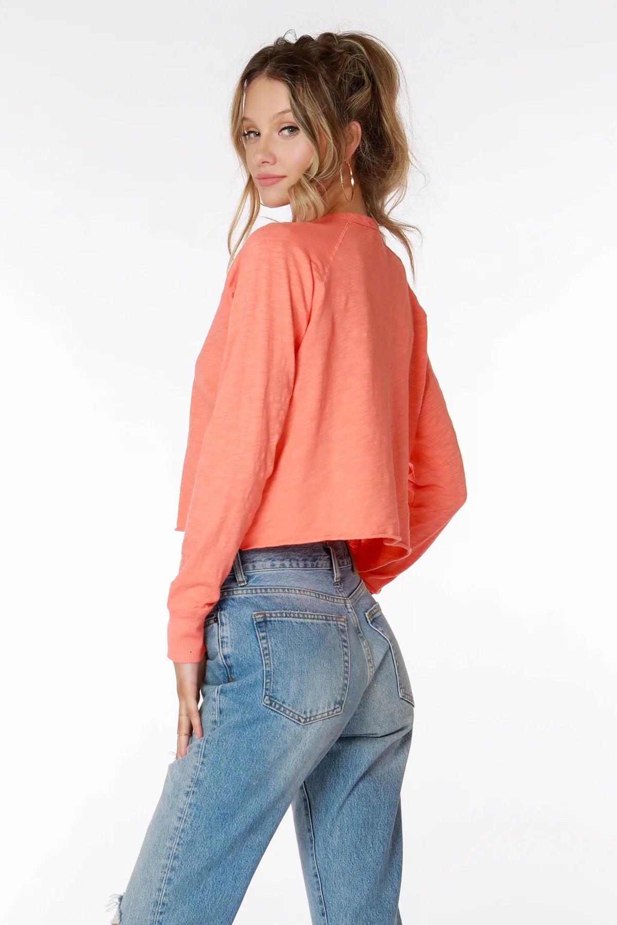 Split Neck Cropped Long Sleeve Tee - Hot Coral by Bobi — view 3
